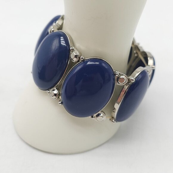 Vintage Style Blue Acrylic Stretch Bracelet With Silver Tone Accents - Picture 2 of 5